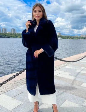 Шуба из плюшевой норки в цвете индиго - фото 0