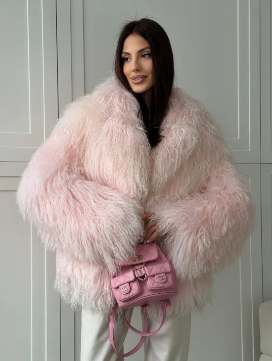 Шуба из меха ламы - цвет розовый - фото 9