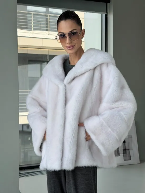 Белый норковый полушубок с капюшоном кобра - фото 7