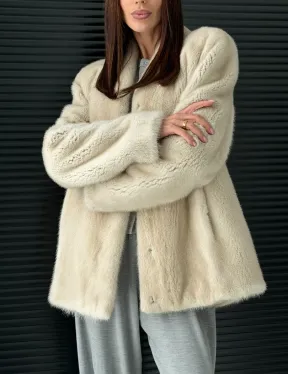 Светлый норковый жакет V-образный воротник - фото 2