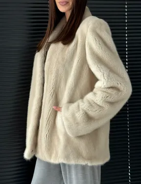 Светлый норковый жакет V-образный воротник - фото 4