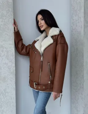 Дубленка авиатор из натуральной кожи в цвете виски - фото 14