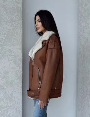 Дубленка авиатор из натуральной кожи в цвете виски - фото 15