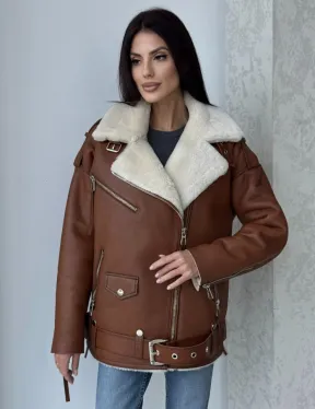 Дубленка авиатор из натуральной кожи в цвете виски - фото 8