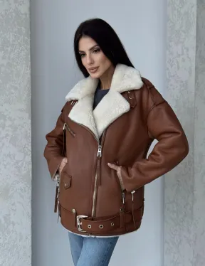 Дубленка авиатор из натуральной кожи в цвете виски - фото 13