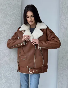 Дубленка авиатор из натуральной кожи в цвете виски - фото 11