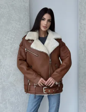 Дубленка авиатор из натуральной кожи в цвете виски - фото 12