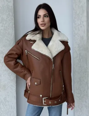 Дубленка авиатор из натуральной кожи в цвете виски - фото 0