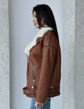 Дубленка авиатор из натуральной кожи в цвете виски - фото 9