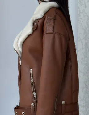 Дубленка авиатор из натуральной кожи в цвете виски - фото 1