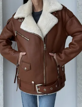 Дубленка авиатор из натуральной кожи в цвете виски - фото 3