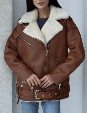 Дубленка авиатор из натуральной кожи в цвете виски - фото 5