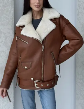 Дубленка авиатор из натуральной кожи в цвете виски - фото 6