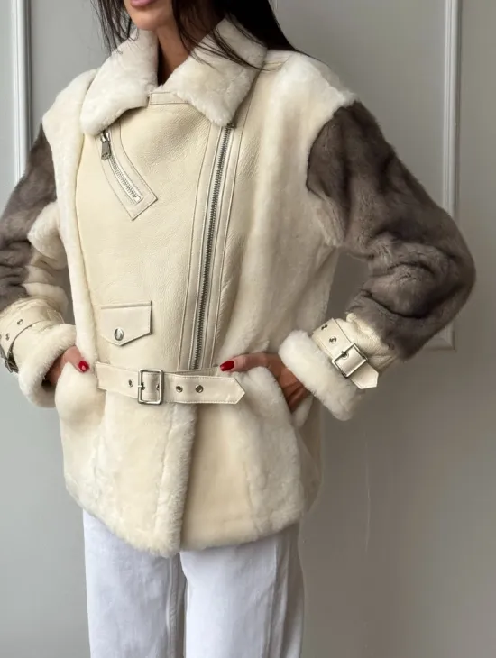 Дубленка из натуральной овчины с рукавами из меха норки - фото 4