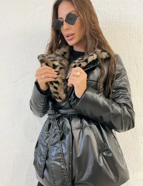 Пуховик с мехом норки в анималистическом принте - фото 4