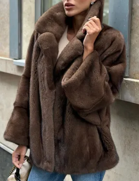 Норковый полушубок с английским воротником - цвет орех - фото 1