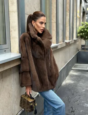 Норковый полушубок с английским воротником - цвет орех - фото 10
