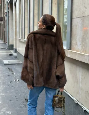 Норковый полушубок с английским воротником - цвет орех - фото 13