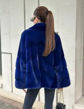 Норковая велюровая шуба  - автоледи в синем цвете - фото 2