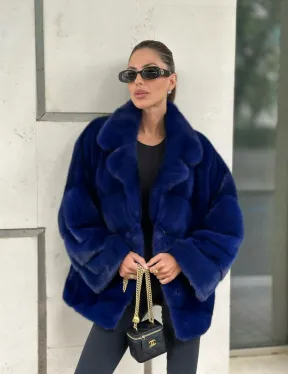 Норковая велюровая шуба  - автоледи в синем цвете - фото 3