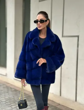 Норковая велюровая шуба  - автоледи в синем цвете - фото 5