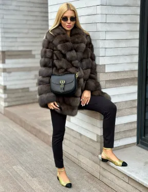 Полушубок-жакет из соболя воротник шаль седина 1/2 - фото 2