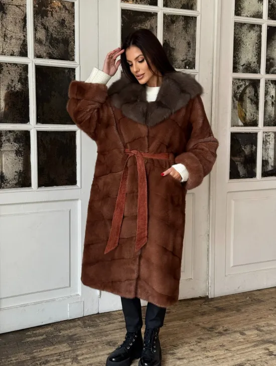 Эксклюзивная норковая шуба с капюшоном из куницы - цвет терракотовый - фото 10