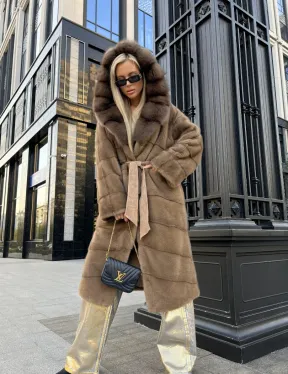 Пастель норковая шуба из меха NAFA капюшон куница - фото 0