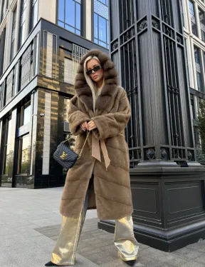 Пастель норковая шуба из меха NAFA капюшон куница - фото 1