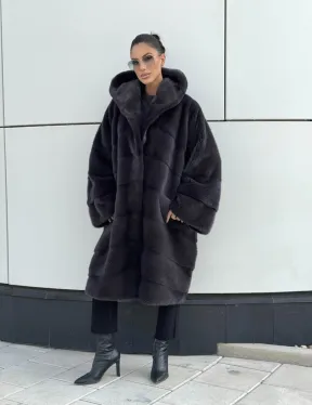 Норковая шуба паркет с капюшоном - цвет блю ирис - фото 11