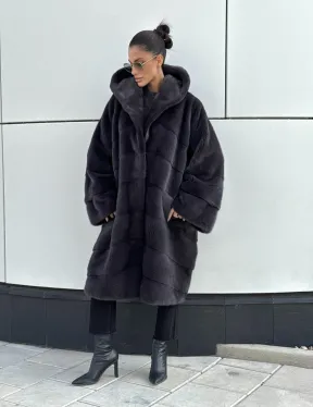 Норковая шуба паркет с капюшоном - цвет блю ирис - фото 5