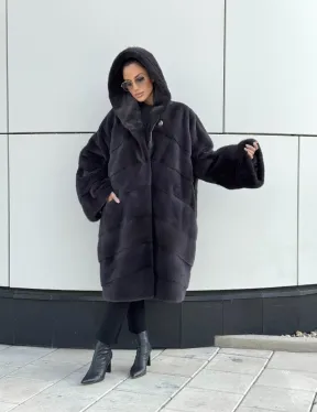 Норковая шуба паркет с капюшоном - цвет блю ирис - фото 10