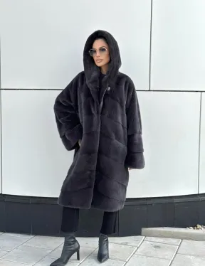 Норковая шуба паркет с капюшоном - цвет блю ирис - фото 12