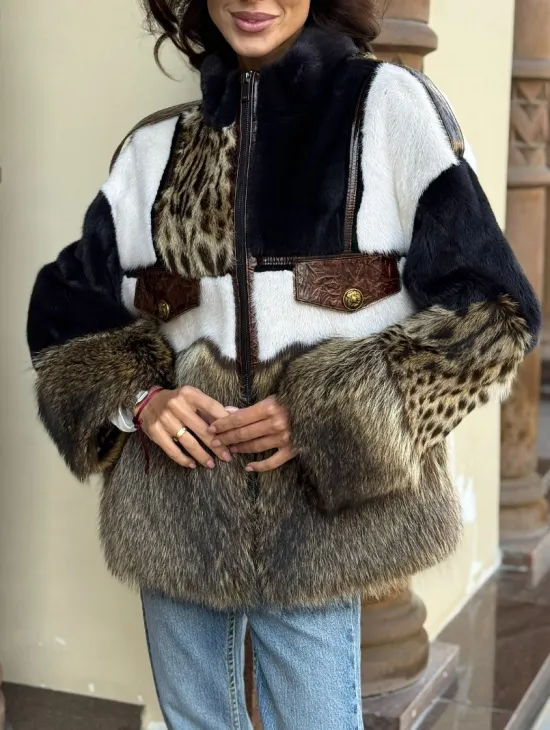 Комбинированная курточка из меха норки и енота - цвет графит - фото 3