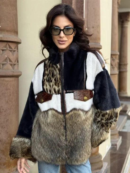 Комбинированная курточка из меха норки и енота - цвет графит - фото 0