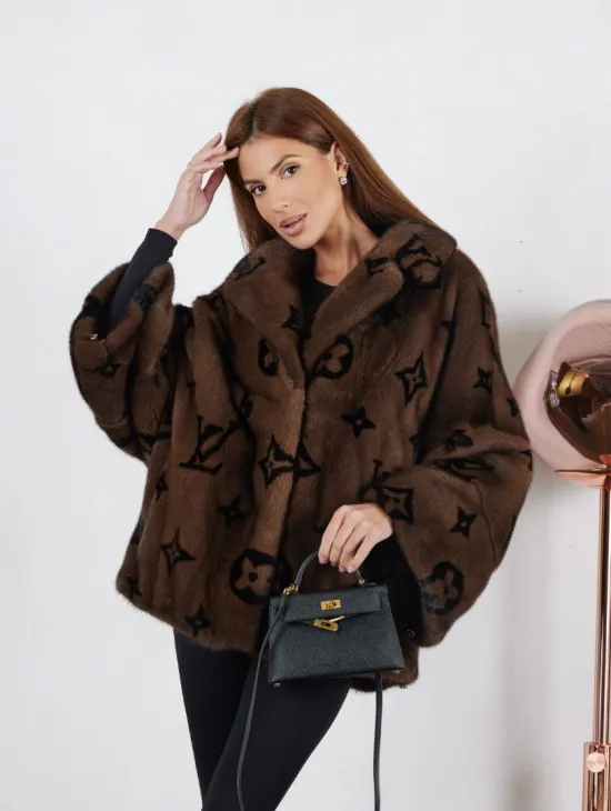 Кимоно полушубок английский воротник, принт - цвет орех - фото 0