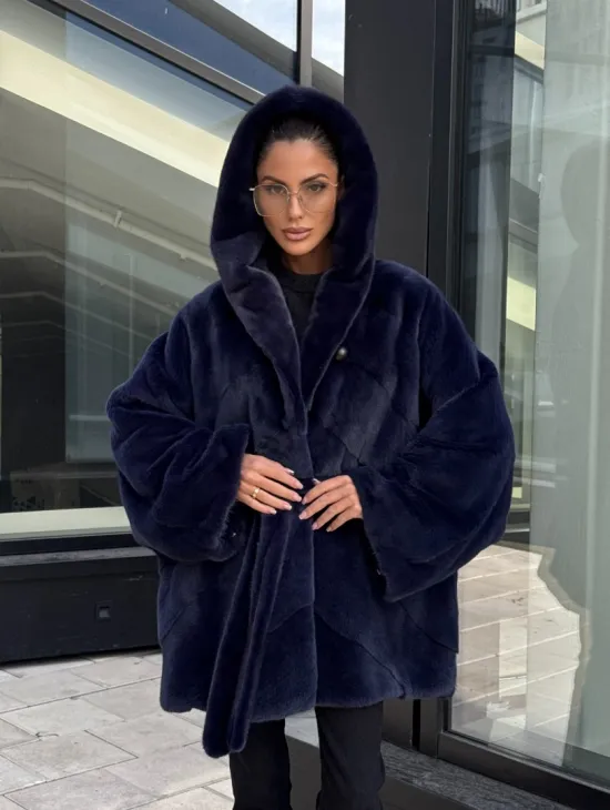 Шуба летучая мышь с капюшоном цвет аквамарин - паркетная раскладка - фото 14