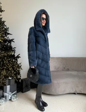 Норковая шуба с капюшоном, паркет - синего цвета - фото 5