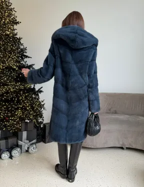 Норковая шуба с капюшоном, паркет - синего цвета - фото 3