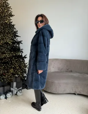 Норковая шуба с капюшоном, паркет - синего цвета - фото 7