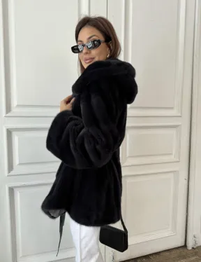 Норковый жакет с капюшоном, роспуск - цвет графит - фото 4