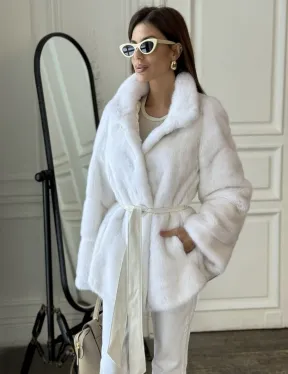 Белая шуба из меха норки (крестовка) стойка воротник - фото 3