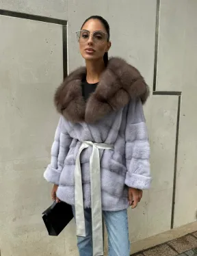 Шуба норковая с капюшоном из меха куницы - цвет голубой - фото 13