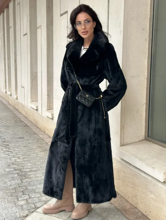 Черная норковая шуба NAFA MINK с поясом в пол - фото 0