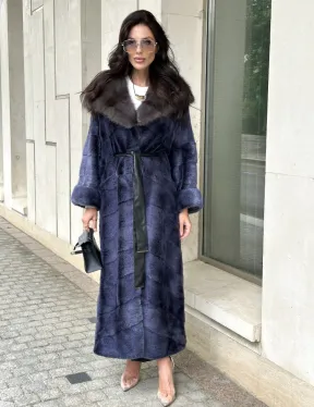 Длинная шуба из норки с капюшоном из куницы - цвет синий графит - фото 5