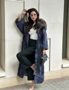 Длинная шуба из норки с капюшоном из куницы - цвет синий графит - фото 13