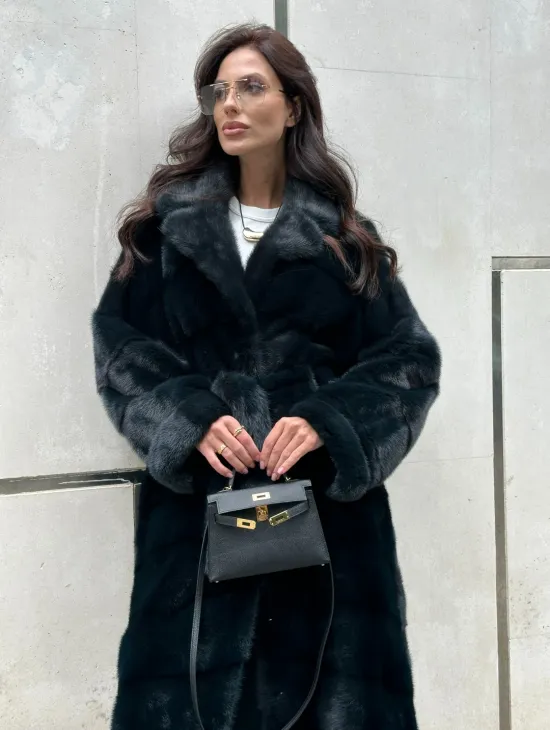 Шуба из меха норки с английским воротником темно - зеленый изумруд - фото 3